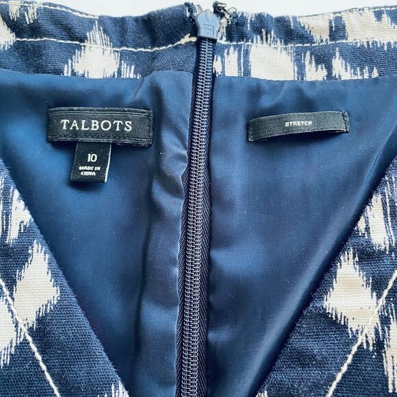 Talbots Dress 10 Navy Blue Ikat Prink Sleeveless Sheath Business Career Wedding - Picture 6 of 9